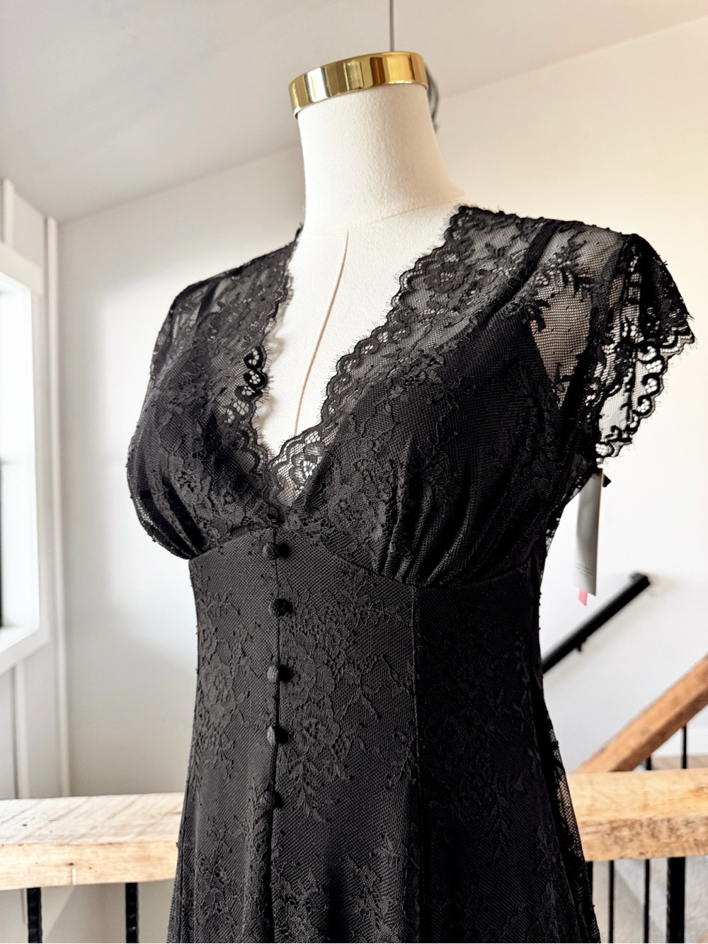 Sz L Popilush Black Shapewear Boho Floral Lace Front Slit Maxi Dress NWT - Picture 2 of 12
